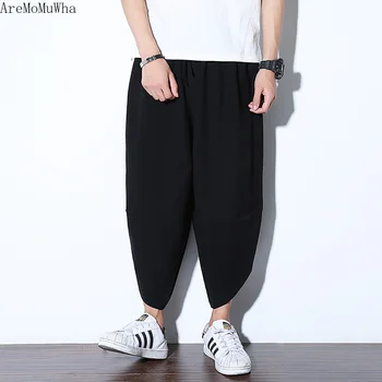 

AreMoMuWha Summer Lantern Pants Men's Cotton Wide Legs Feet Loose Large Size Chinese Style Seven Points Beach Harlan CasualQX673