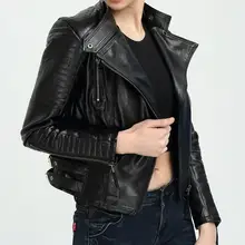 Осенняя и зимняя женская одежда большого размера короткая куртка мотоциклетная Черная куртка из искусственной кожи на молнии с воротником-стойкой/s-xl