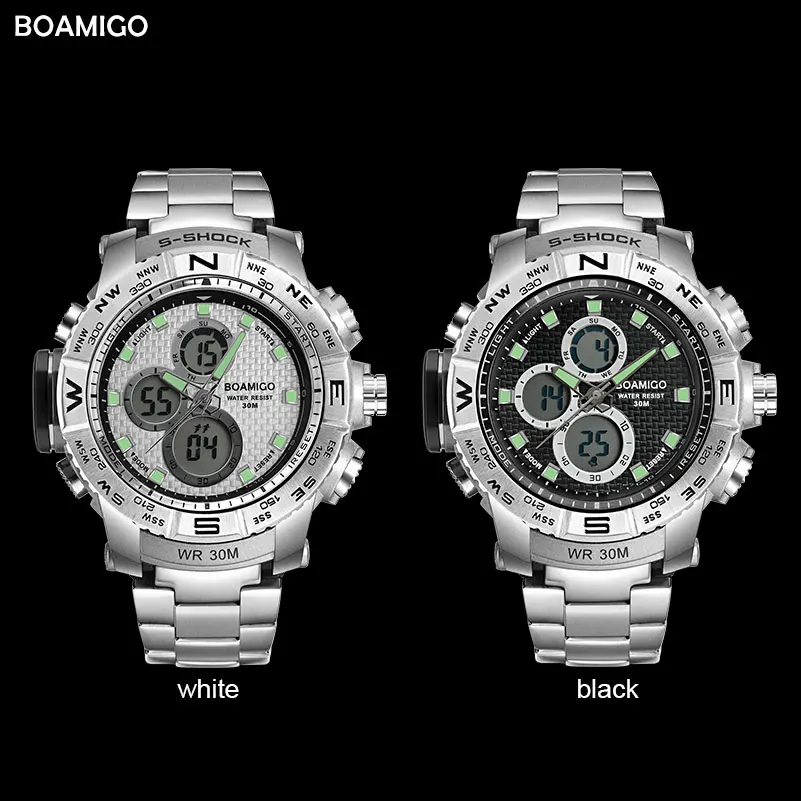 

BOAMIGO Silver Sport Man Watches Stainless Steel LED Digital Watch Analog Quartz Movement Waterproof Dual Display Wristwatches