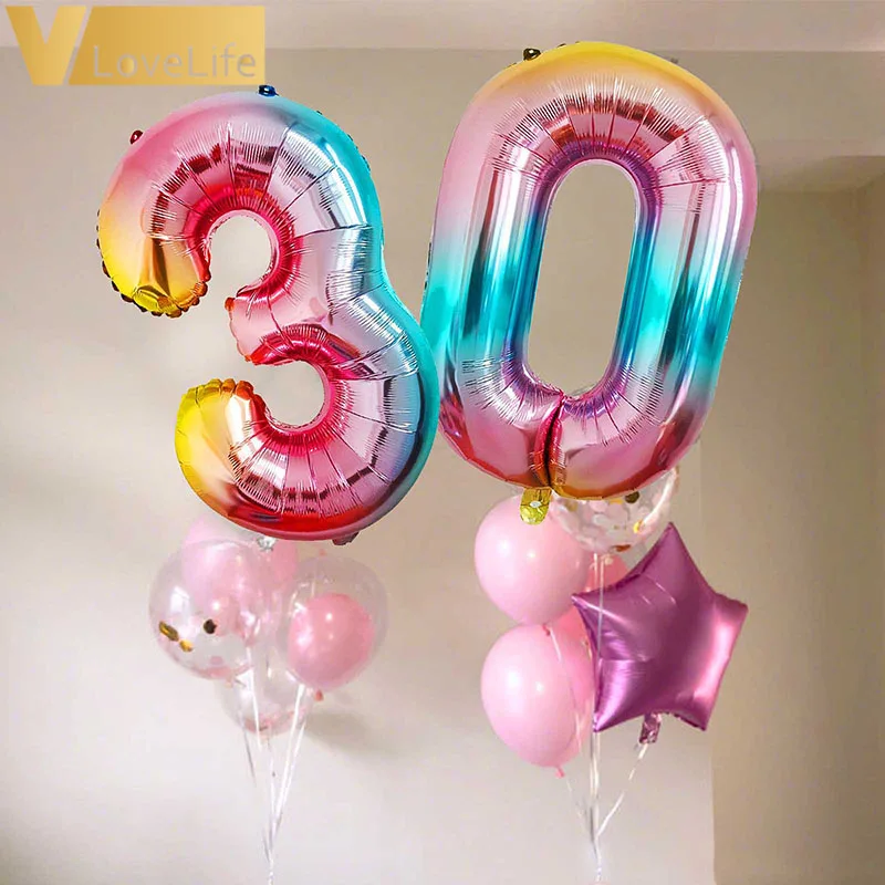 

2PCS/lot 32inch Gradient Color Balloon Number Foil Balloon 18 20 21 30 40 50 Years Old Adult Happy Birthday Party Decor Supplies