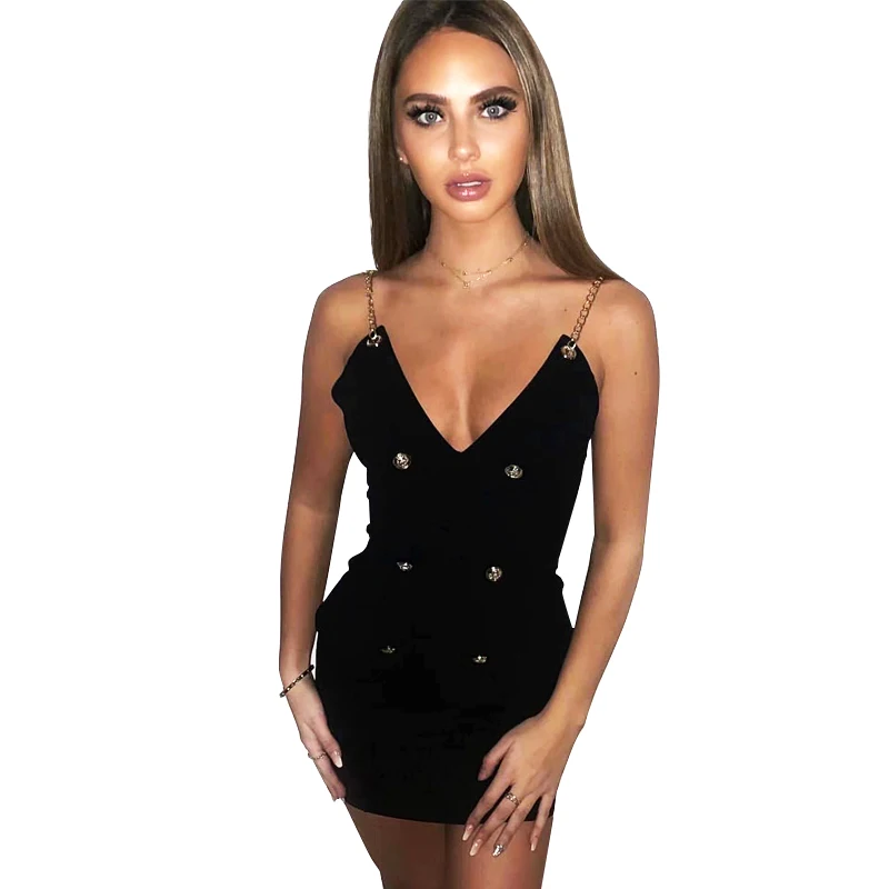 

New Arrival Sexy V Neck Button Black Bandage Dress 2019 Knitted Elegant Designer Party Dress