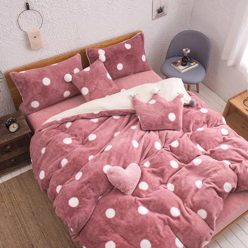 Pink White Gray Fleece Fabric Wave Point Printing Girl Bedding Set