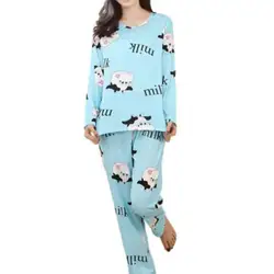 Осень Для женщин Повседневное пижама с длинными рукавами Корова Печатных пижамный комплект комплекты повседневной одежды L11