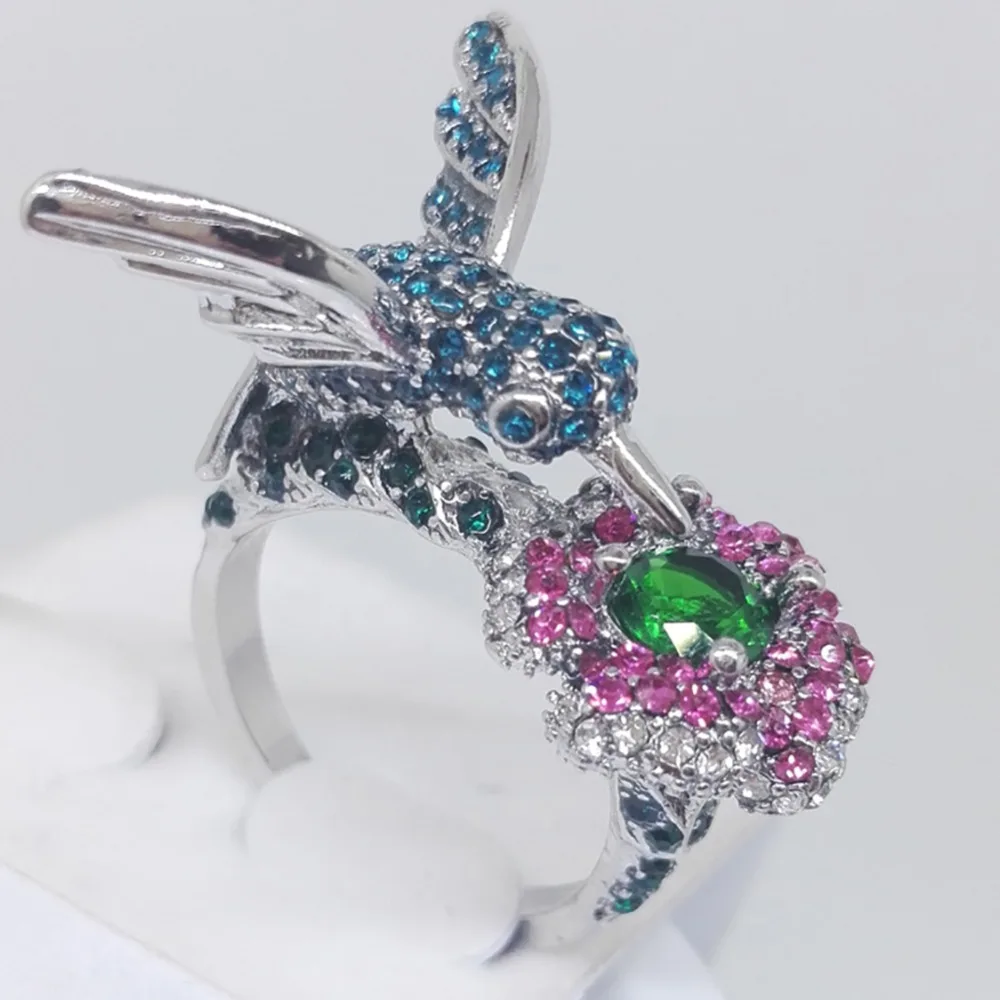 Модные женские посеребренные хрустальные стразы птица цветок кольцо Свадебные обручальные ювелирные изделия подарок#267974