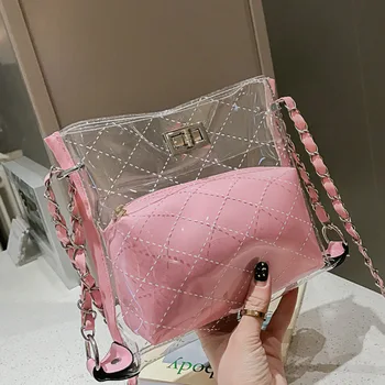 

Transparent Single Shoulder Bag Bucket Handbag 2 Pieces Set for Women Girls Best Sale-WT