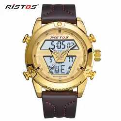 Ristos Для мужчин спортивные часы аналоговые наручные часы, многофункциональные мужские часы с хронографом, кожаный ремешок, мужские часы