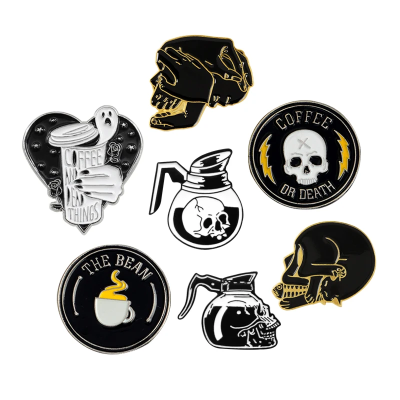 

Gothic Dark Skeleton Brooch Beer Coffee Cup Skeleton Hand Fish Bone Personalized Skull Enamel Pin Leather Badge Halloween Gifts