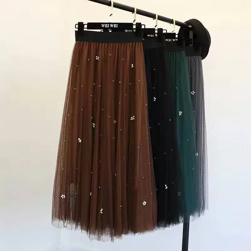 

Shintimes Jupe Longue2019 Summer Autumn Tulle Pleated Skirts Womens Beading High Waist Solid A-line Solid Skirt Saia Feminina