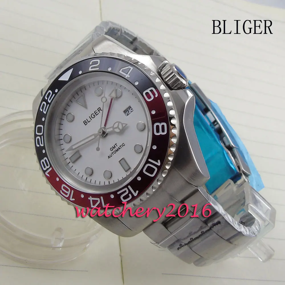 

new 43mm Bliger white dial black & red bezel deplyment clasp GMT Automatic movement Men's business Watch
