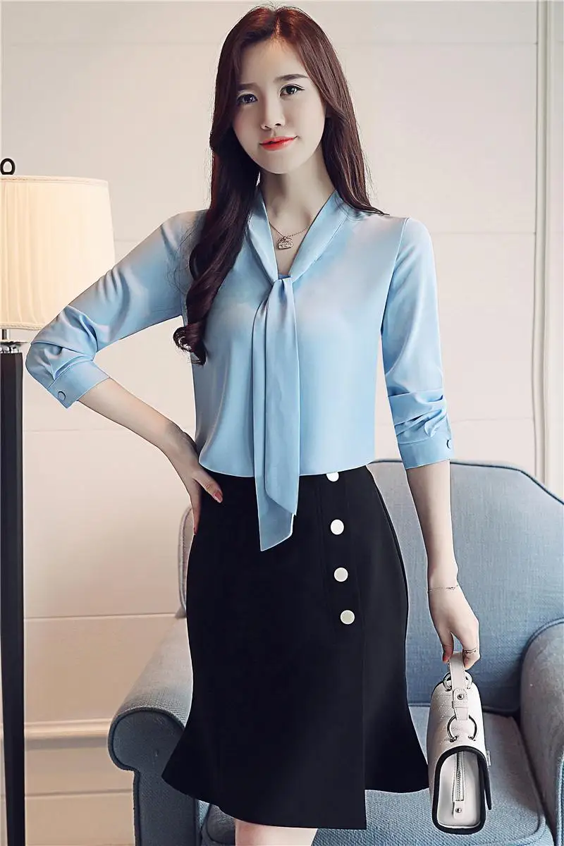 2018 New arrived women blouse autumn wear long sleeves bow tie Ribbon chiffon Korean style women top blouse slim blusa 1022 40