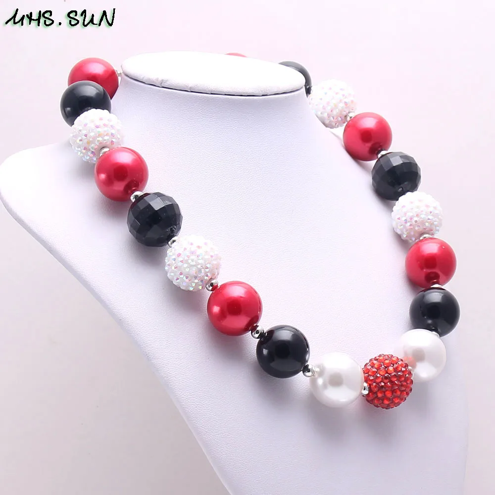BN585-1 (4),$5.85-1PC.Chunky Black+White+Red Strand Beads Necklace Kids Baby Girls Bubblegum Beaded Jewelry Necklace For Children Best GiftJPG