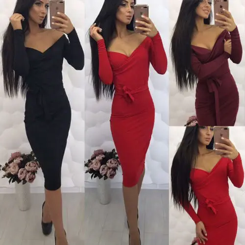 

Newest Clubwear Slim Dress Sexy Women V Neck Mini Party Dress Long Sleeve Summer Holiday Bodycon Long Dress