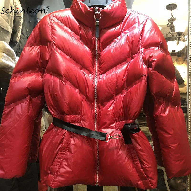 

2018 Women Down Jacket Slim Coat Outwear Adjustable Waist White Duck Down Fashionable Clothing Red Top Quality