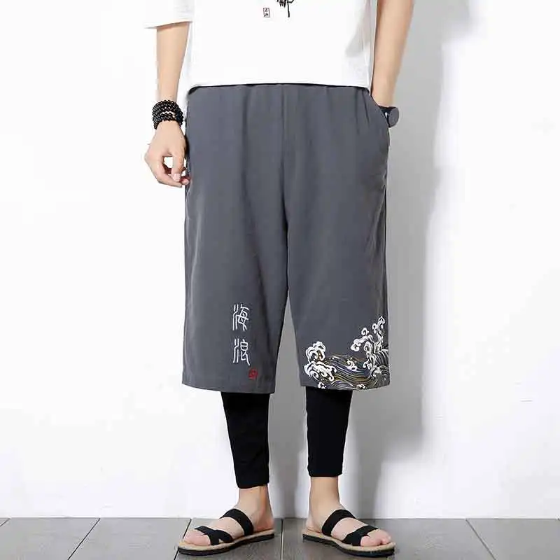 MRDONOO осень китайский стиль мужские большие размеры льняные брюки спортивные хип-хоп повседневные брюки свободные с принтом шаровары прилива K806 - Цвет: Серый