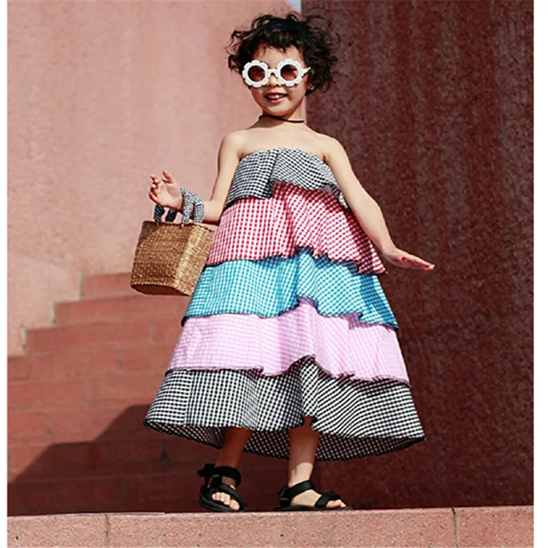 Summer Girls Strapless Dresses Patchwork Plaid Cascading Ruffle Backless Off Shoulder Slim Cake Layered Dress Girl Beach Clothes | Детская