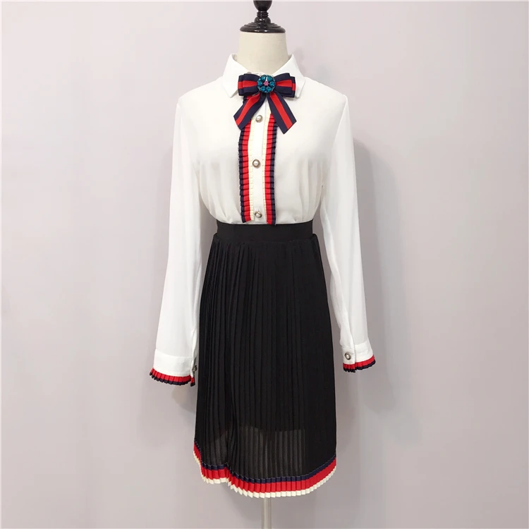 

2019 spring Korean fashion stripe trim Colorblock bow long sleeve shirts & pleated Black Skirts two-piece outfit vestido woman