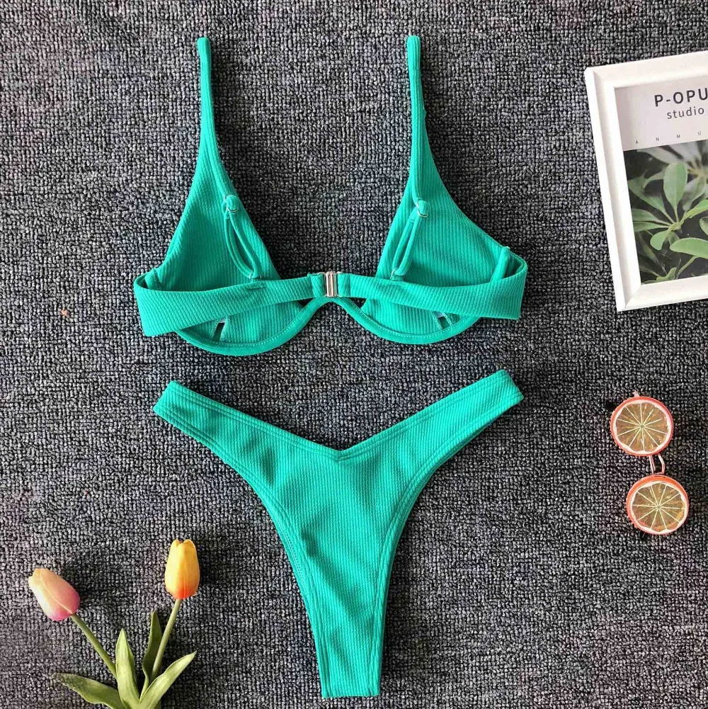 Women Two-Piece Neon Pink Bikini Set Textured Push up Bra Bathing Suits Thin Strap Swimsuit Top With Cut Out Thong Bikini 4 Color 18