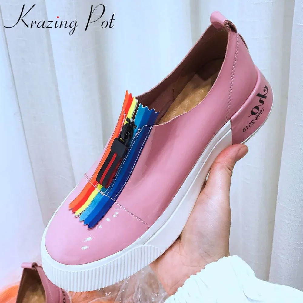 

Krazing Pot cow patent leather thick bottom platform young girls mixed colors round toe zipper breathable vulcanized shoes L2f8