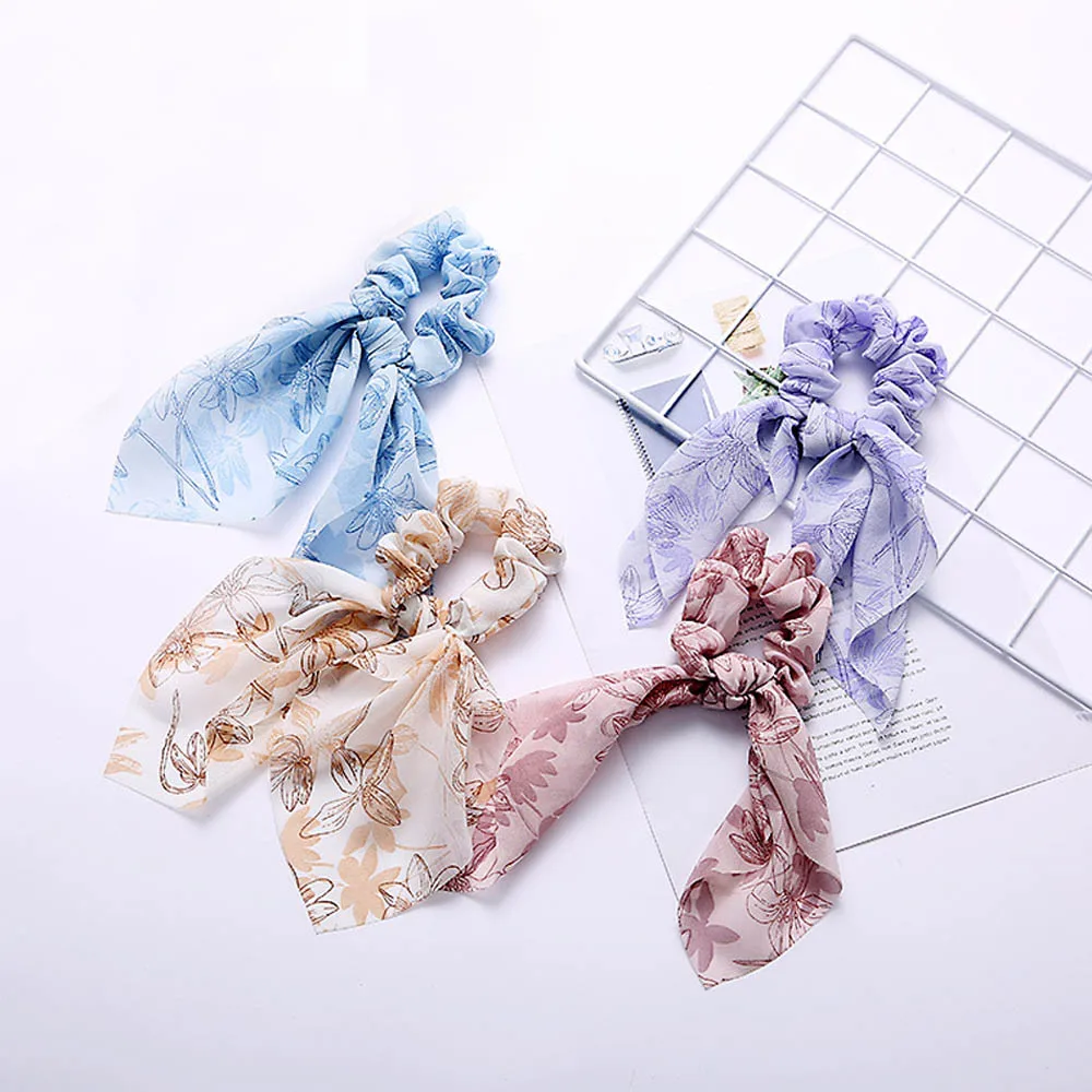

Korea Style Bohemian Scrunchie Print Chiffon Ribbon Women Elastic Hair Tie Soft Vintage Turban Bandage Female Hair Accessories