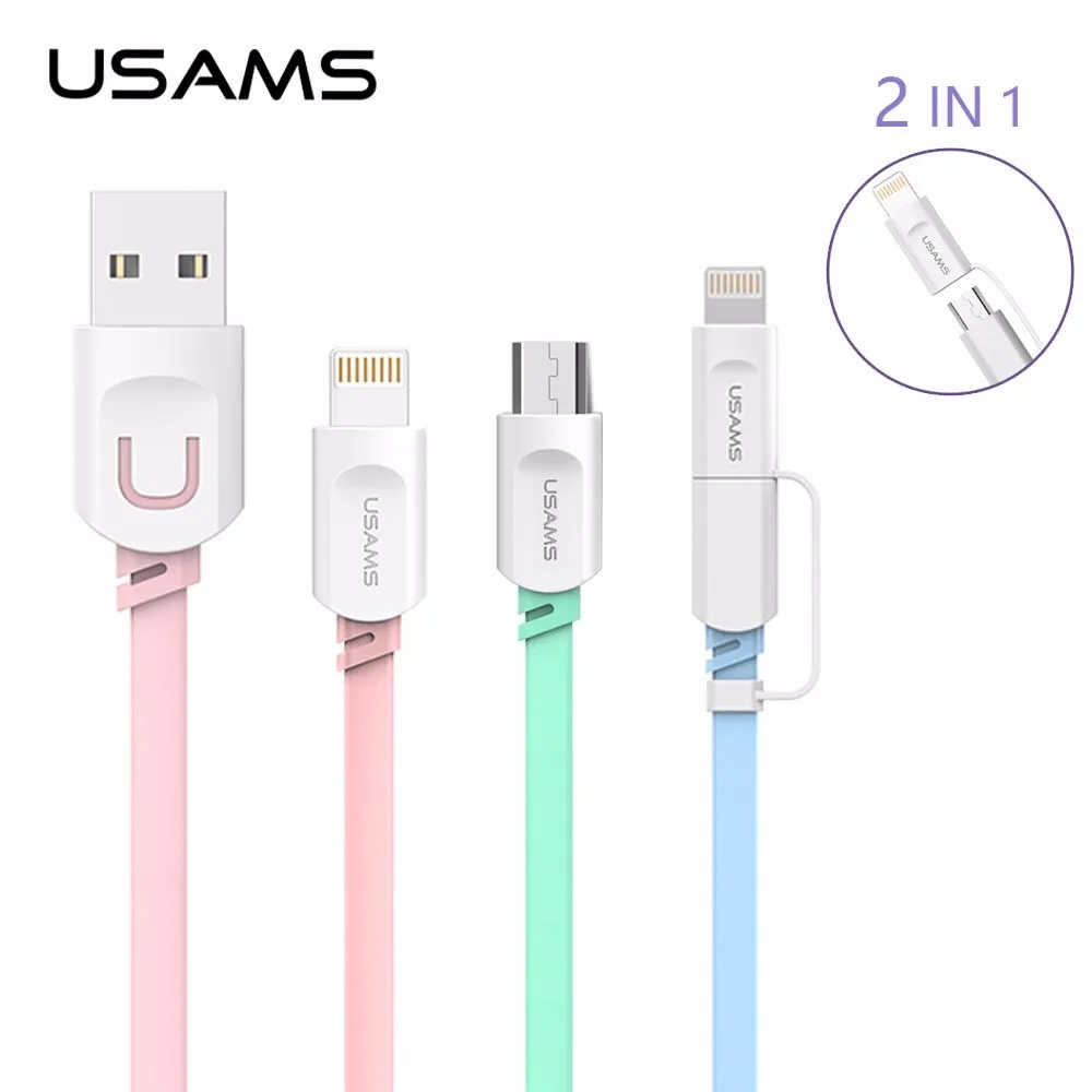 USAMS Кабель Micro Usb для iPhone 6 6 s Plus 5S 5 iPad Samsung Galaxy Sony HTC LG 2 в 1 USB 2.1A Зарядное Устройство Данных кабель