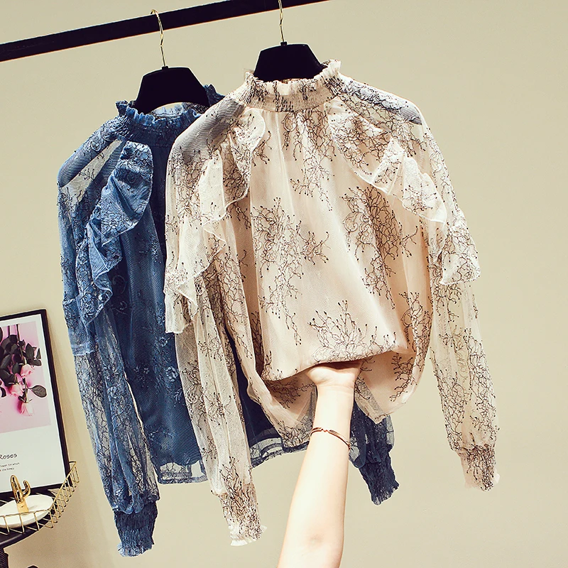 

Lace Shirt Long Sleeve New Mesh Beautiful Top Super Lotus Leaf Edge Womens Blouse Girls Ladies Basic Shirts Pull Tops Plus Size
