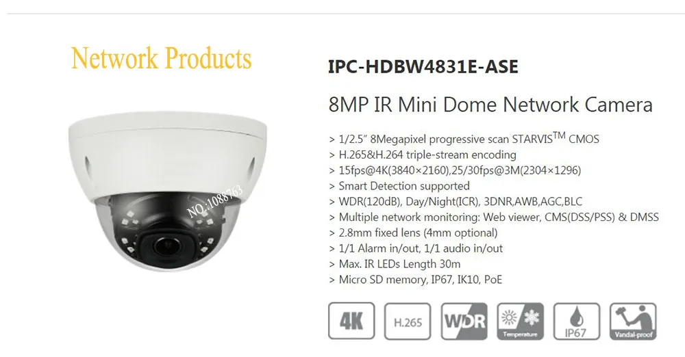In Stock DAHUA CCTV IP Camera 4K 8MP IR Mini Dome Network Camera IP67 IK10 With POE with Logo DH-IPC-HDBW4831E-ASE In Stock DAHUA CCTV IP Camera 4K 8MP IR Mini Dome Network Camera IP67 IK10 With POE with Logo DH-IPC-HDBW4831E-ASE