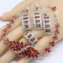 925 пробы Серебряные Ювелирные наборы для женщин свадебные красные полудрагоценные браслет серьги ожерелье кулон кольца