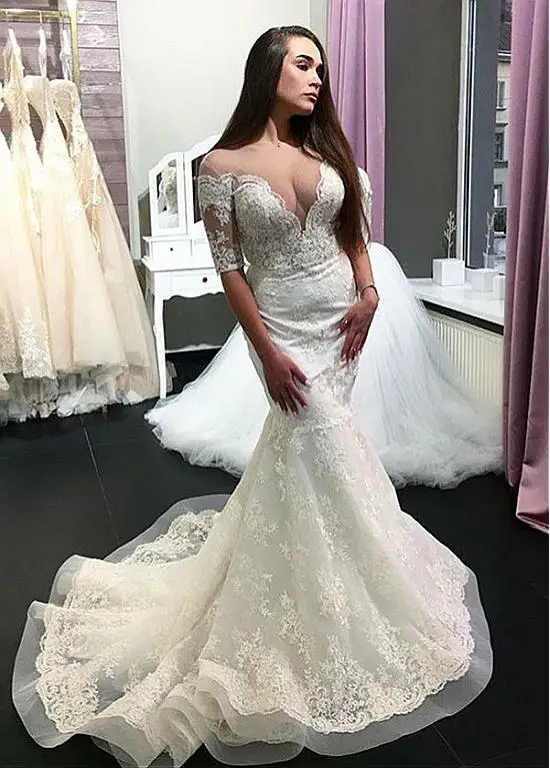 

2019 Muslim Mermaid V Neck Half Sleeves Lace Boho Dubai Arabic Muslim Arabic Wedding Dress Boho Sofuge Vestido De Noiva