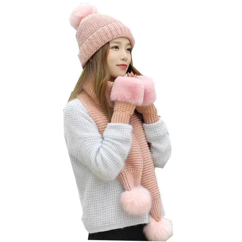 Girls Knitted Hat Glove Sets Women Winter 3 Pieces Set Pink Female