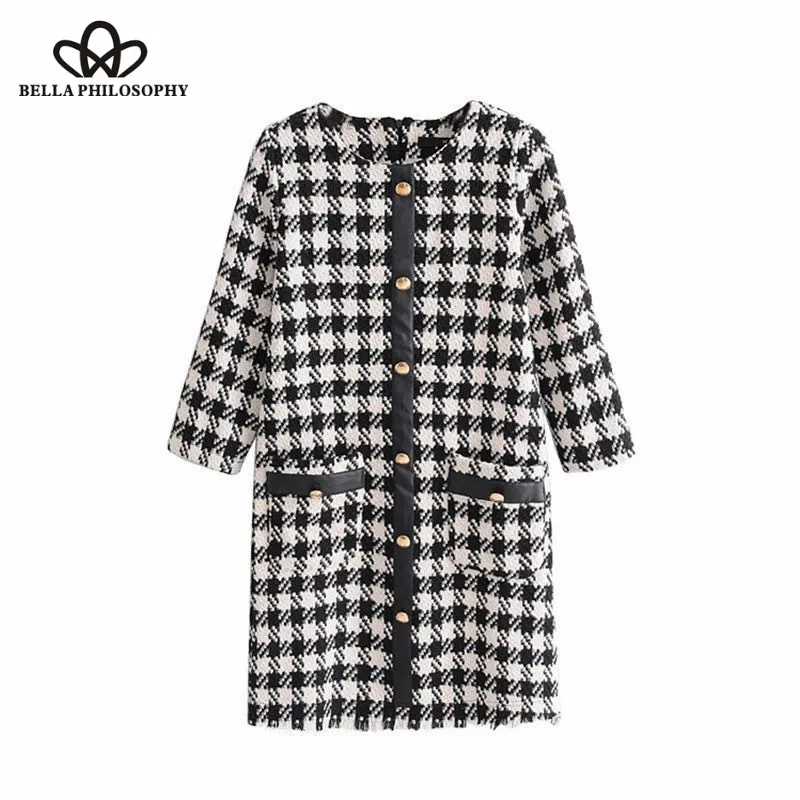 Wonder 2018 new autumn vintage plaid hem tassel tweed woolen straight mini dress elegant back zipper vestidos casual slim dress