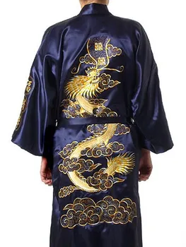 

Free shipping Navy blue Chinese Traditional Men's Silk Satin Robe Embroidery Kimono Bath Gown Dragon S M L XL XXL XXXL S0008