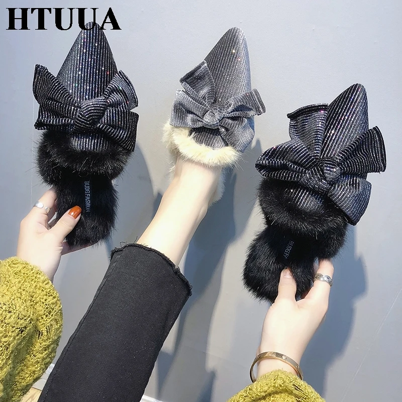 

HTUUA Fashion Big Bow Fluffy Fur Slippers Women Flat Mules Shoes Woman Black Grey Furry Slides Plush Winter Home Slippers SX1683