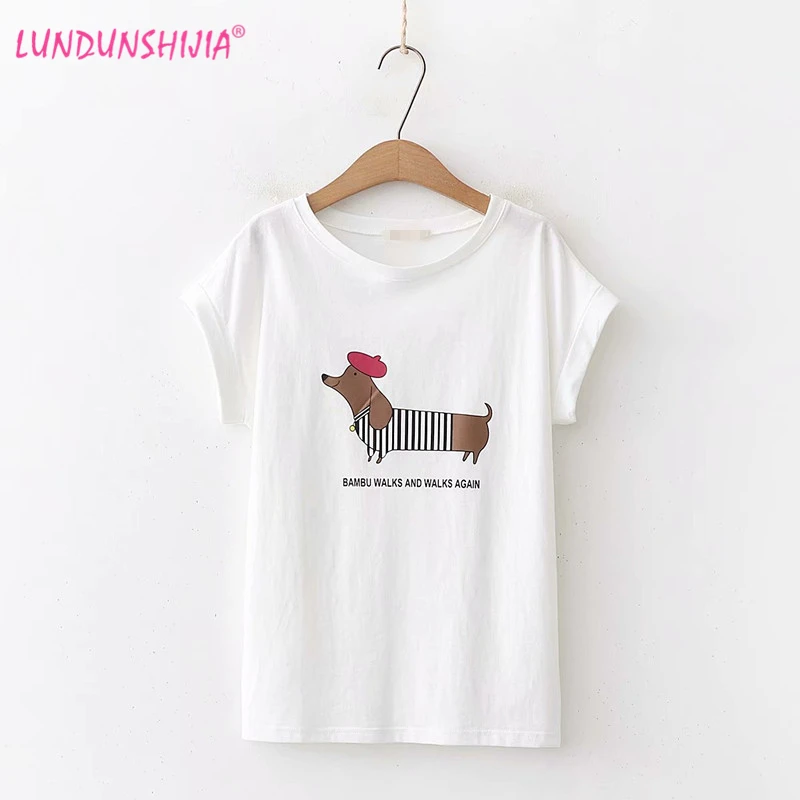 

LUNDUNSHIJIA 2019 New Arrival Summer Women 100%Cotton Tops Dachshund Printed Female T-Shirt White Loose T-shirts For Women