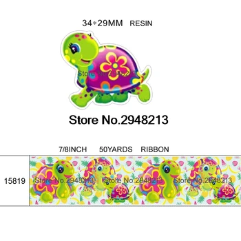 

printed cartoon Tortoise grosgrain ribbon and resin sets 7/8inch 50yard ribbon and 50pcs resin 1 sets REB241