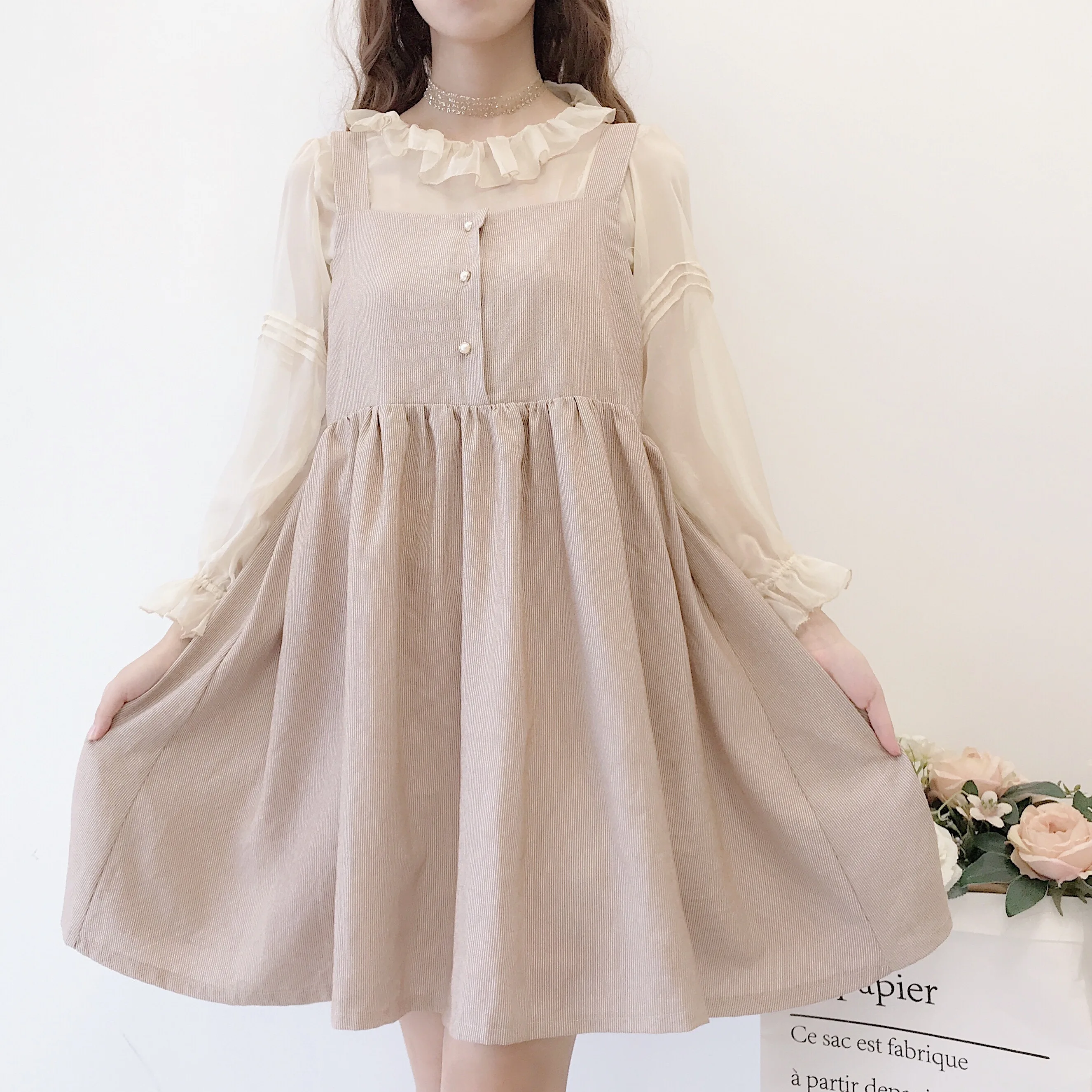 

2019 Autumn Cute Girls Daily Chiffon Transparent Inner Shirt Long Sleeve Blouse & Beige Suspender Dress 2PCS Set Matching Sets