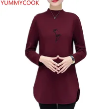 Платье с длинными рукавами плюс бархатные теплые Футболка женская на осень-зиму полувысокий воротник средней длины большие размеры сужающаяся к талии футболка A526