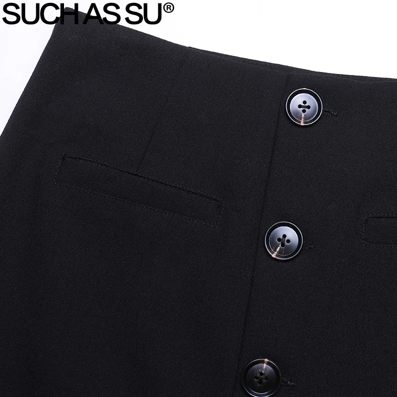 Такие как SU осенне-зимние юбки женские черные вязаные с высокой талией пуговицы в один ряд трапециевидная юбка S-3XL размер Женская юбка средней длины