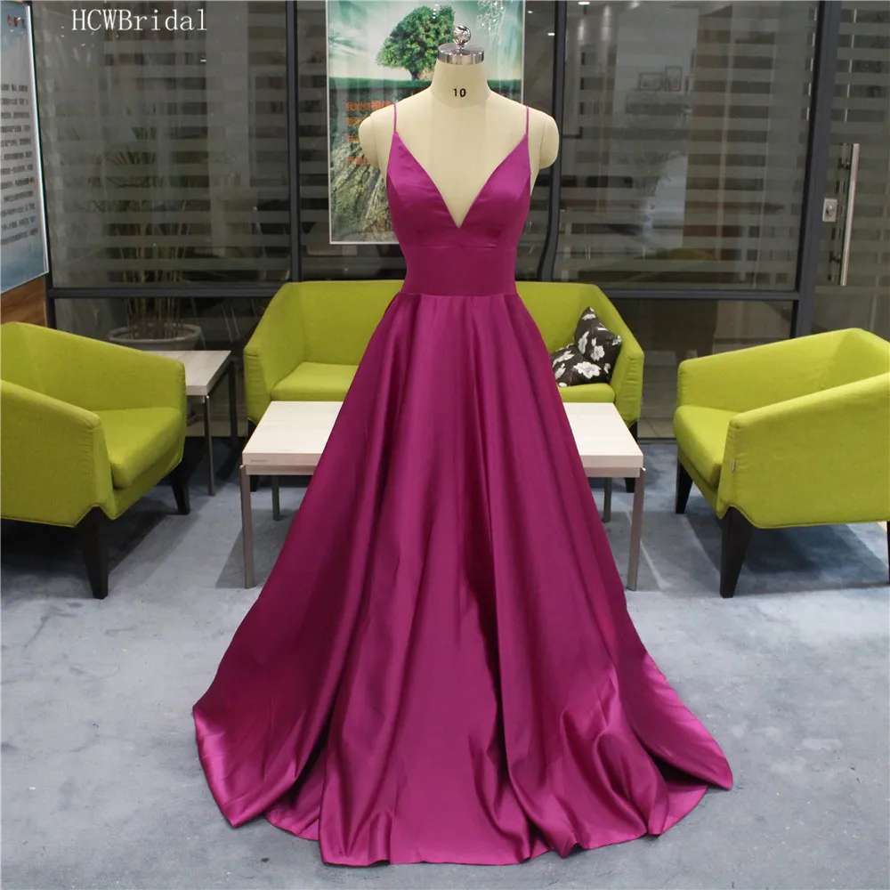 

Fuchsia Satin Simple Long Evening Dress V Neck Spaghetti Strap A Line Sweep Train Sexy Prom Gowns Cheap Wedding Party Dresses