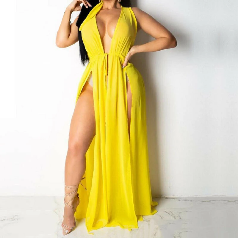 

Summer Women beach dress Kaftan tropical holiday sea vacation Long Dress Sarong solid color high split ladies maxi dresses long