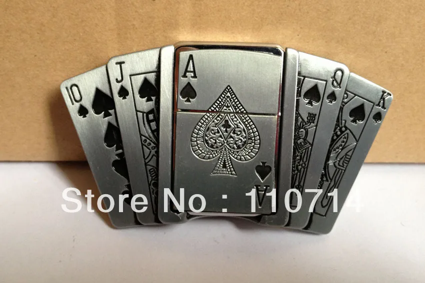 Playing card belt buckle with kerosene lighter with pewter finish SW