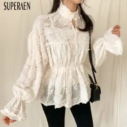 SuperAen 2019 Весна Новый корейский стиль для женщин рубашка Дикий сплошной цвет сладкий блузки для малышек и топы корректирующие стенд воротни
