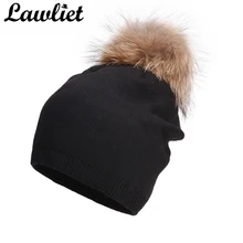 Женская вязаная шапка из кашемира двухслойный настоящий помпон из меха енота зимняя шапка женские шапочки Женские черепа уличная шапка