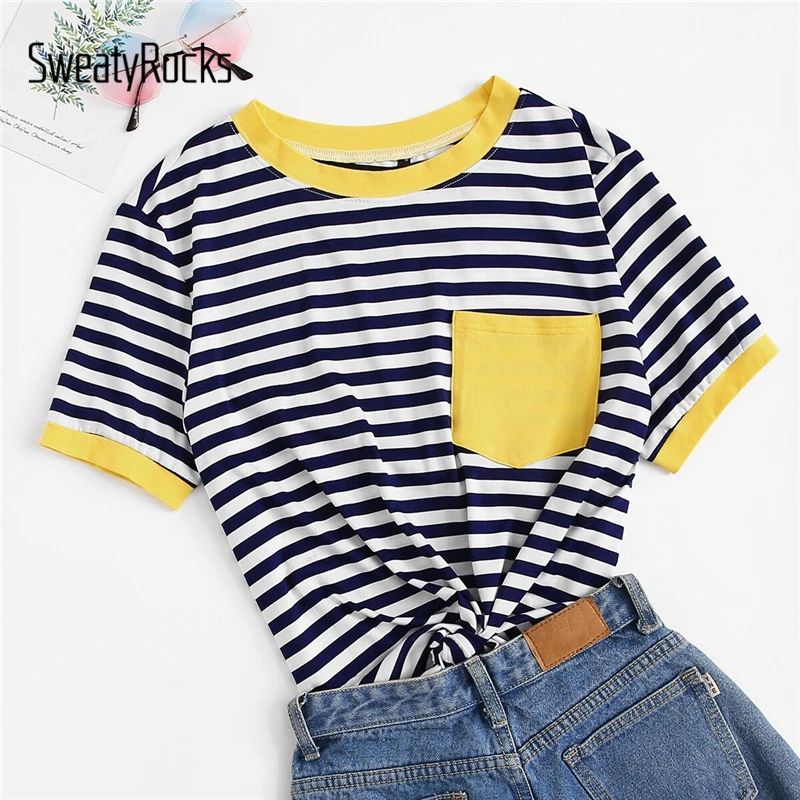 

SweatyRocks Contrast Pocket Striped Ringer Tee Women Summer Top 2019 Preppy Short Sleeve Tee Shirt Female Casual Tops