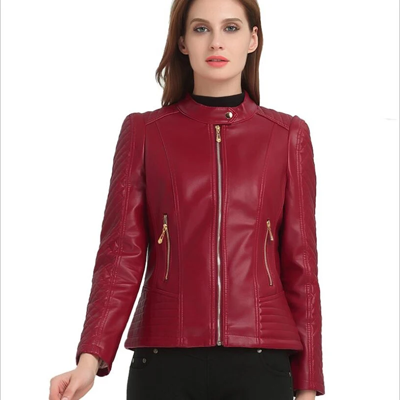 6XL модная женская короткая мотоциклетная красная куртка из искусственной кожи на молнии для женщин, базовые осенние куртки, большие размеры верхней одежды