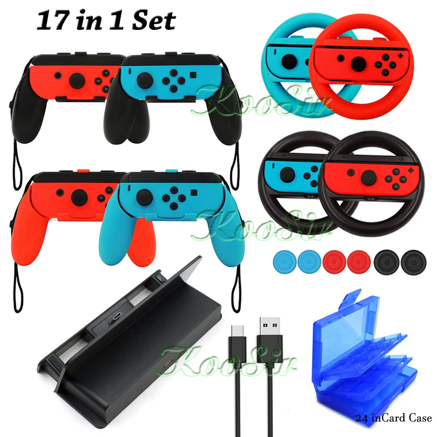 

17 in 1 Nintend Switch Accessories Set Steer Wheels + Controller Handle Grips + Console Charger + Silicone Caps + Game Card Case