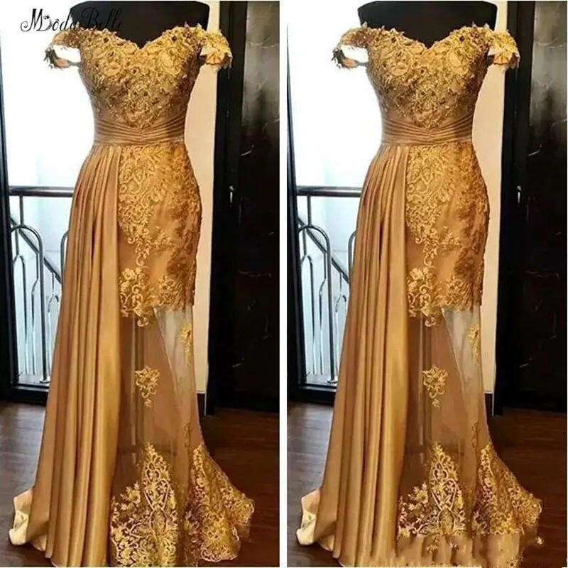 

modabelle Off Shoulder Gold Lace Prom Dresses Gala Jurken Appliques Lace Sexy Illusion Prom Dresses Long Vestido Formatura