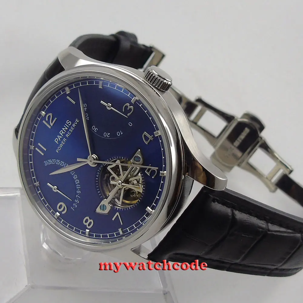 

43mm parnis blue dial deployment clasp power reserve automatic mens watch 547E