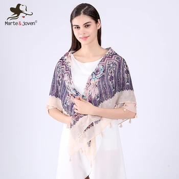 

Marte&Joven Fashion Floral Print Fringed Scarf and Wrap for Women Ethnic Style Soft Beach Bandana and Foulard Ladies