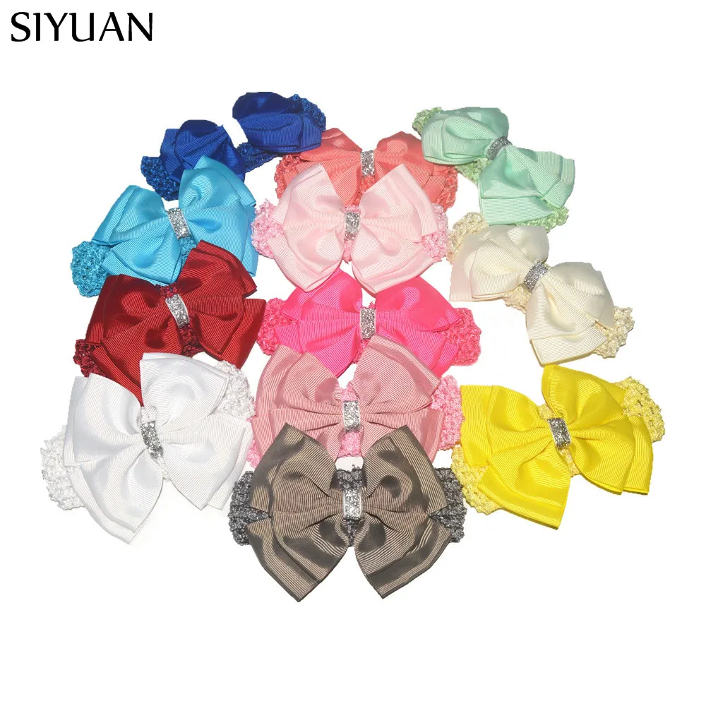 

25pcs/lot High Quality Elastic Crochet Headband with Double Layer Grosgrain Bow Knot Bright Color Kids Chic Headwear HB004