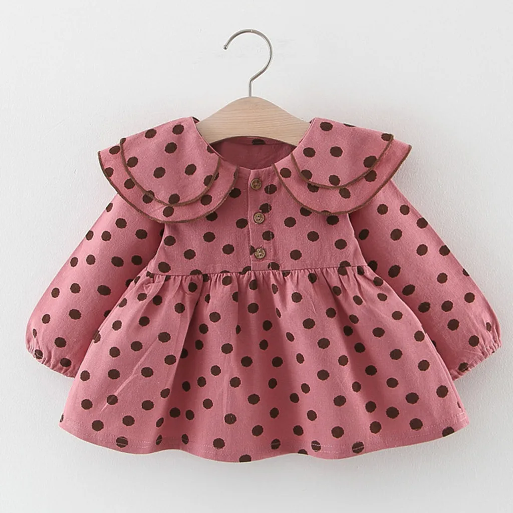 Платья в горошек с длинными рукавами и оборками для маленьких девочек; одежда; платье - Цвет: Hot Pink